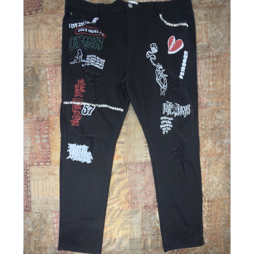 Lifted Anchors Jeans Graphic Mens 44 Stacked Embellished Streetwear Graffiti